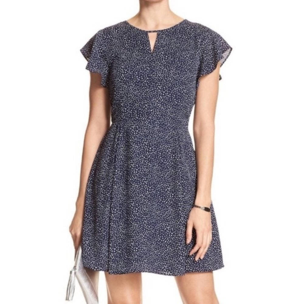 Banana Republic Navy Polka Dot Flutter Sleeve Dress
